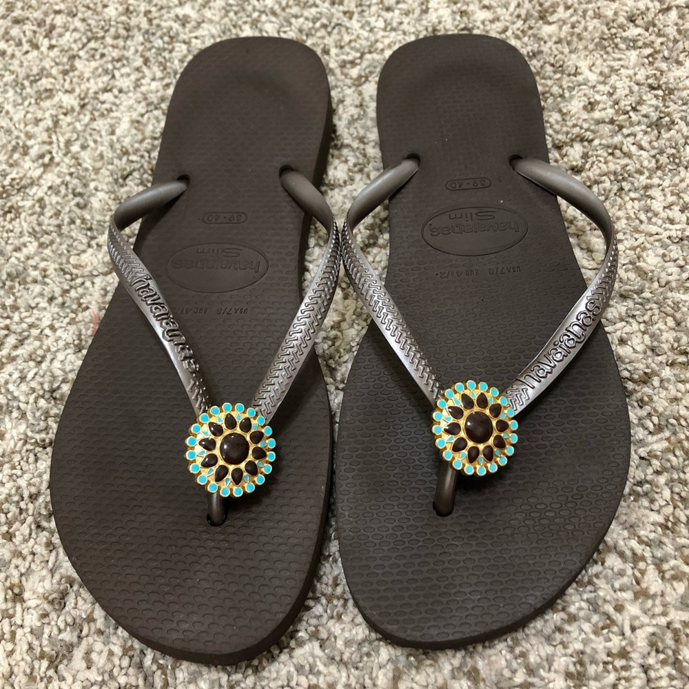 Havaianas Slim Chocolate Brown Turquoise Floral Charm